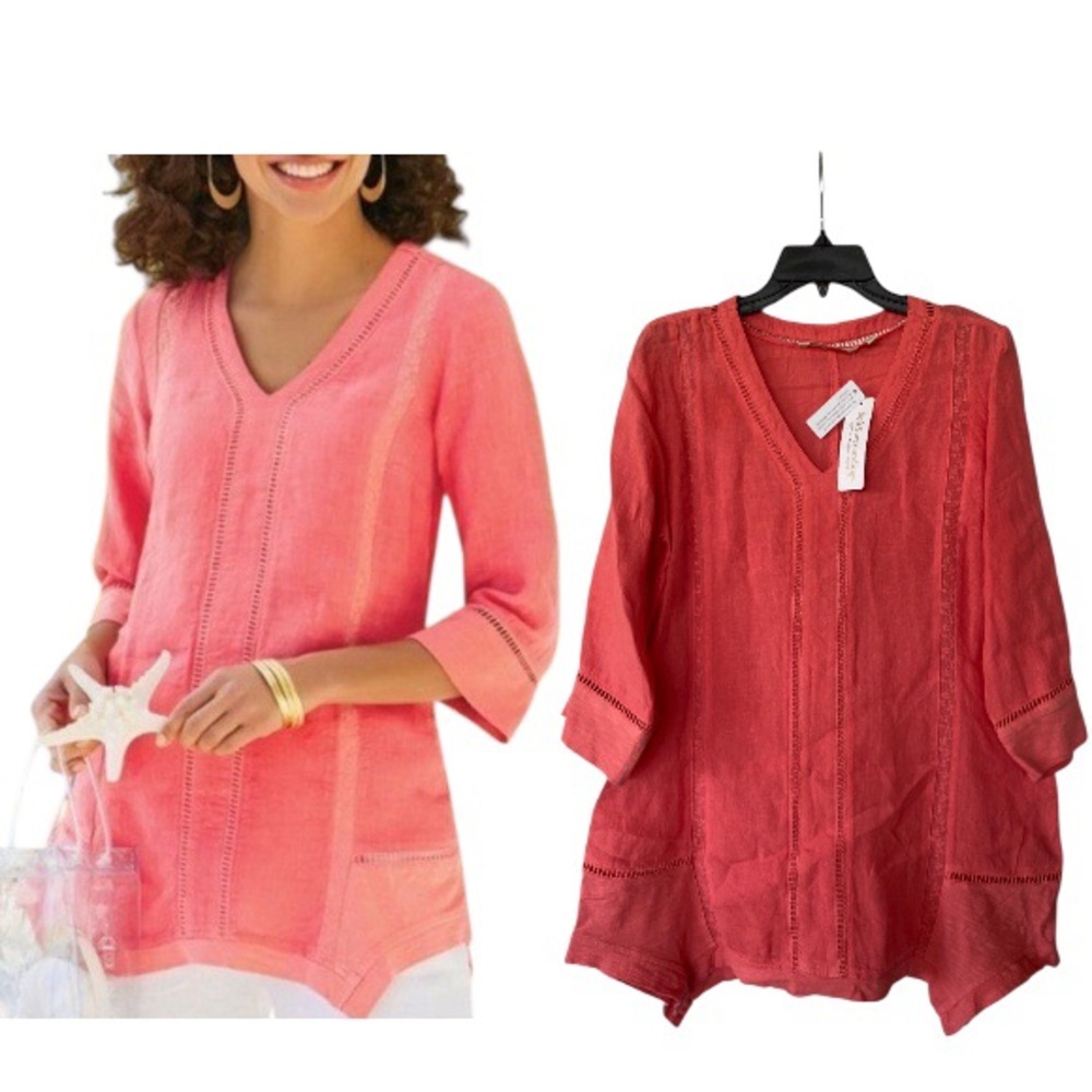 Soft Surroundings Leonie Coral 100% Linen Tunic Top Sz M